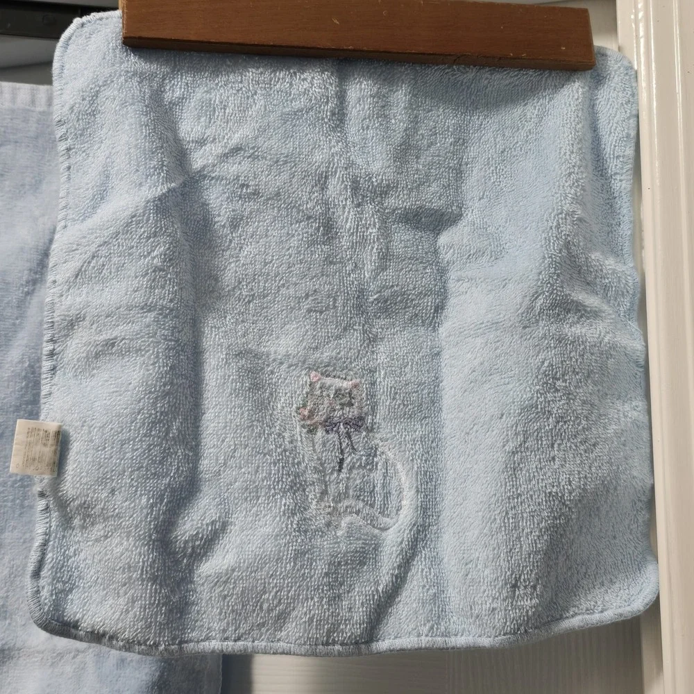 VTG Blue Terrycloth Towel Set Cat Kitten Satin Appliqué 3-Piece Royal‎ Pacific